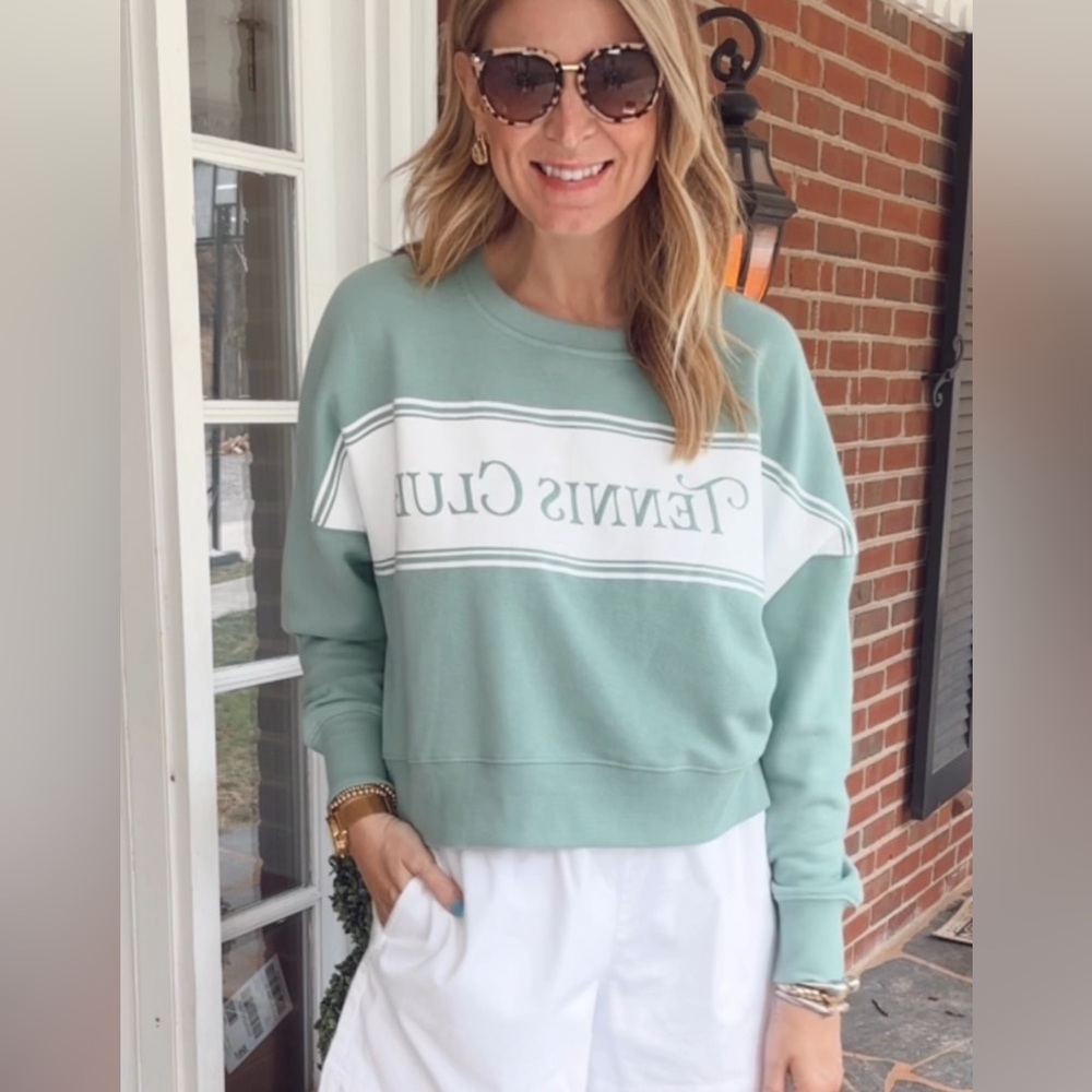 Worn once . Belk Green and White Tennis Club Sweatshirt
